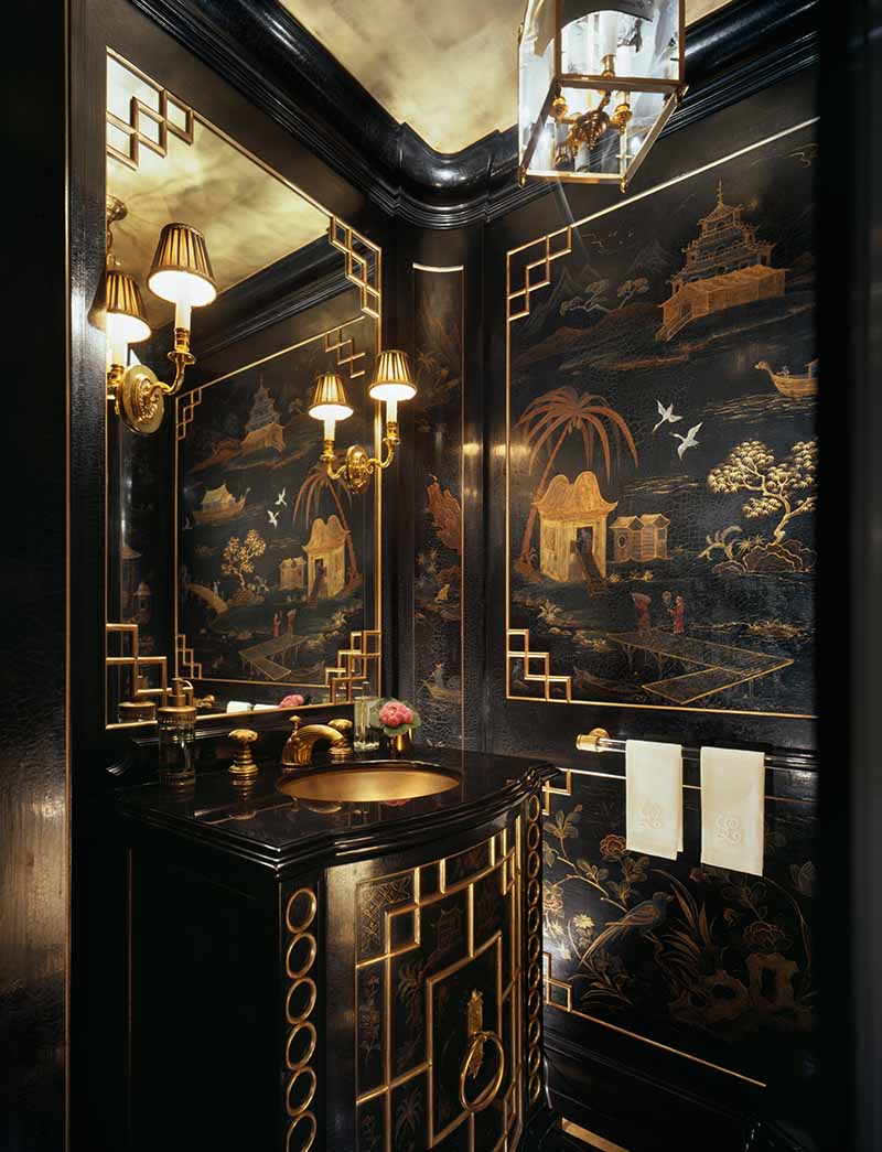 Central Park Apartment, Manhattan, traditional, black and gold, chinese art mural, art deco, powder room bathroom