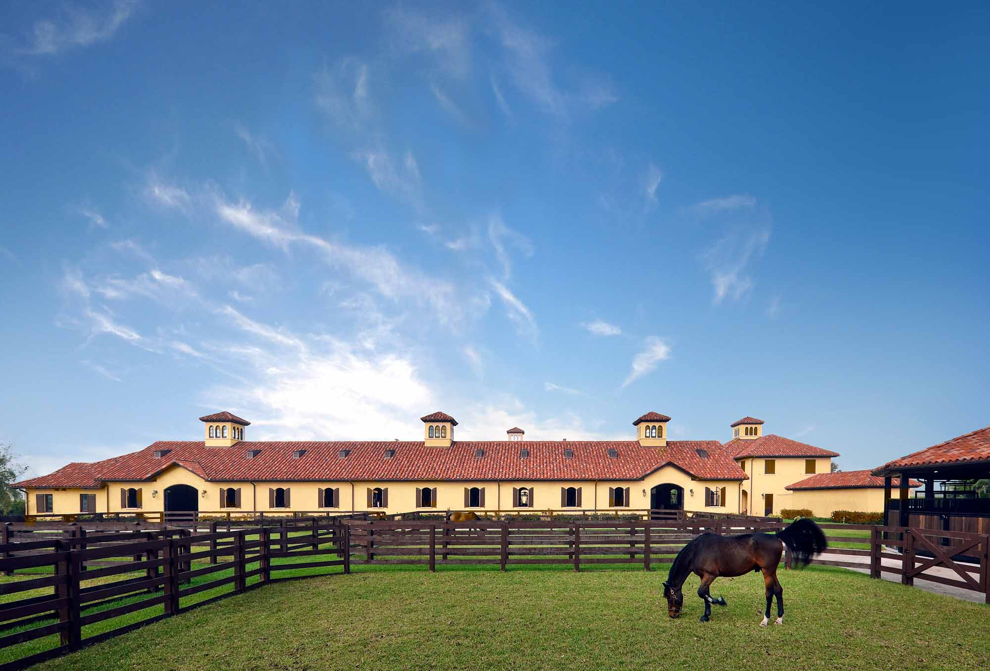 Palladian farm, Wellington, Florida, horse stables, hot walker, terracotta roof