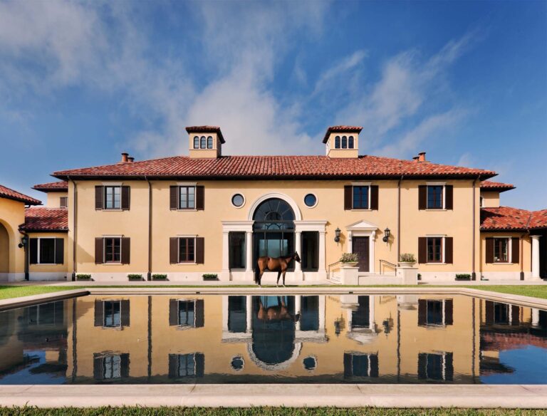 Wellington Florida, reflecting pool with horse, Mediterranean style, Spanish style, Palladian, clay terracotta roof tile, stucco