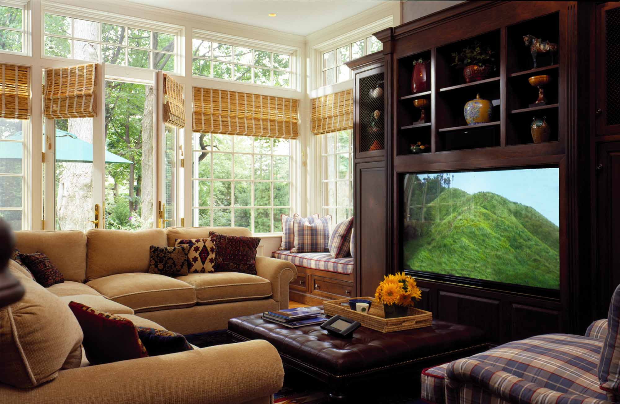 Shingle, Old Westbury, Long Island, french doors, family living room, built in television, window seat