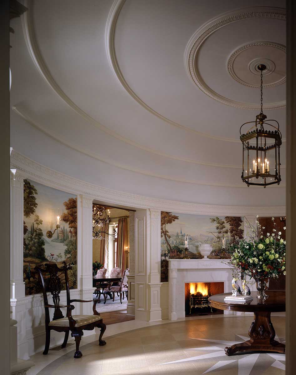 English Country, Lloyd Harbor, long island architect, traditional, entry hall, starburst floor, wall murals, marble fireplace