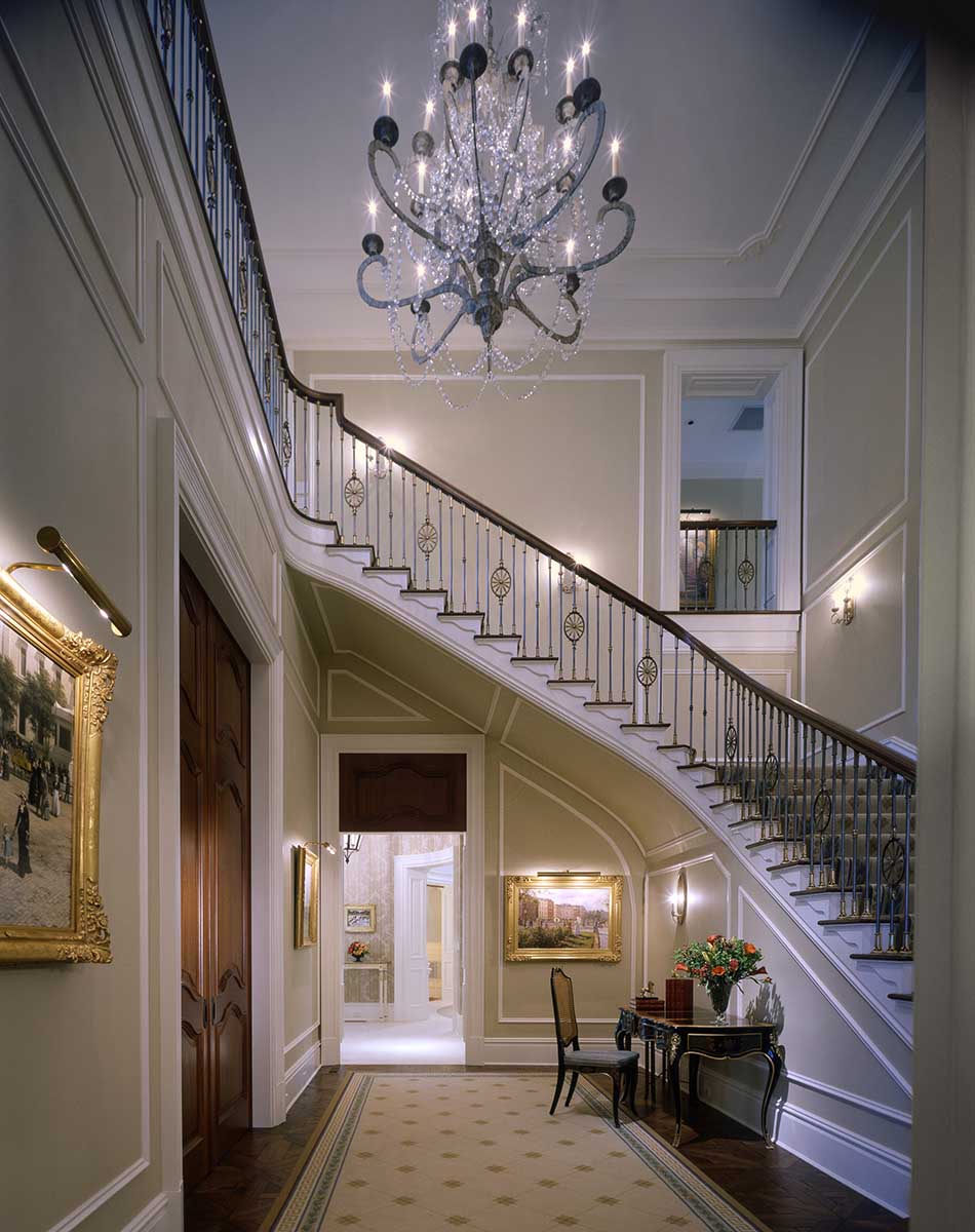 English Country, Lloyd Harbor, long island architect, traditional, stair hall, chandelier