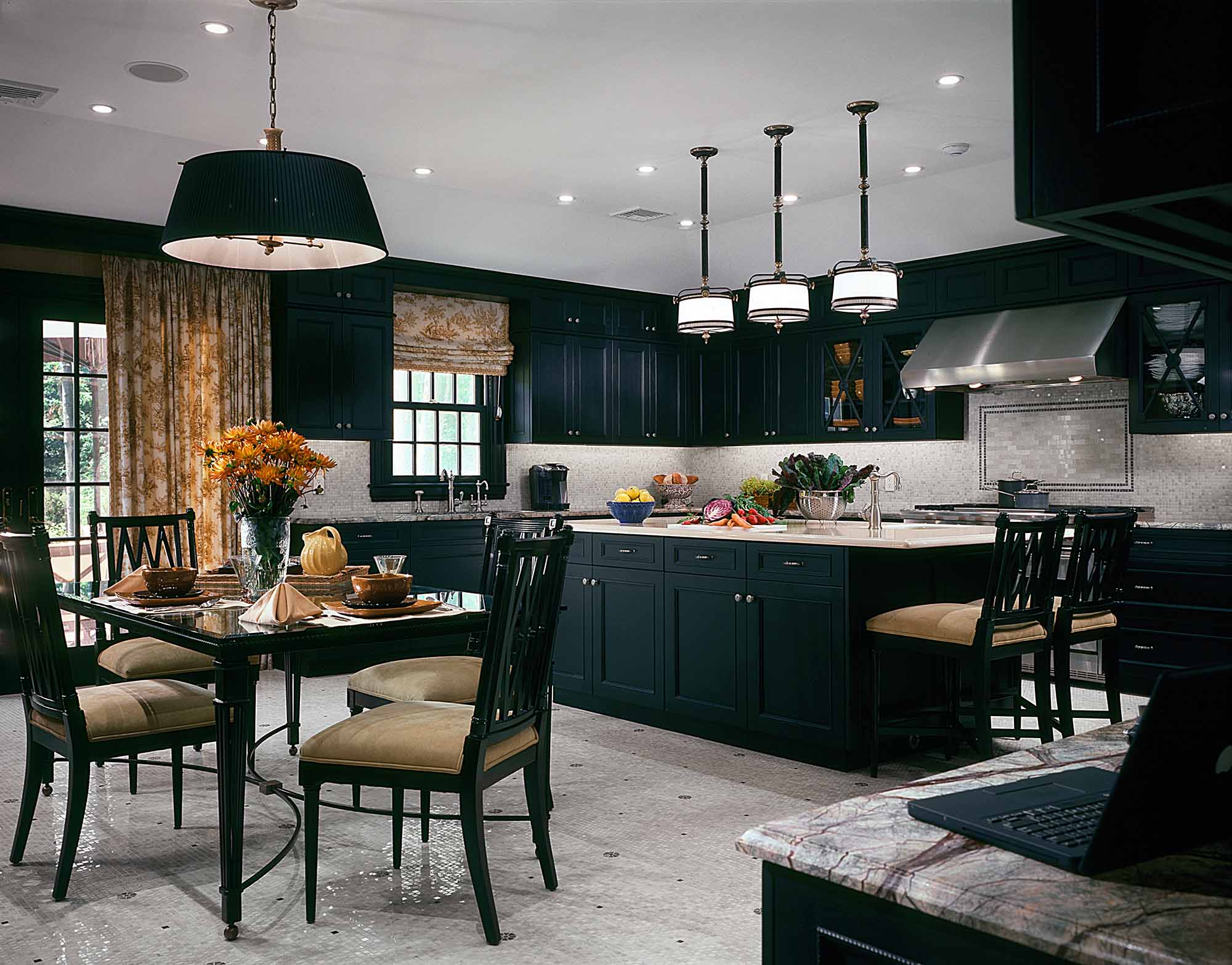 Long Island, Black Kitchen, Breakfast room, black cabinets, traditional, stone counter, mosaic tile
