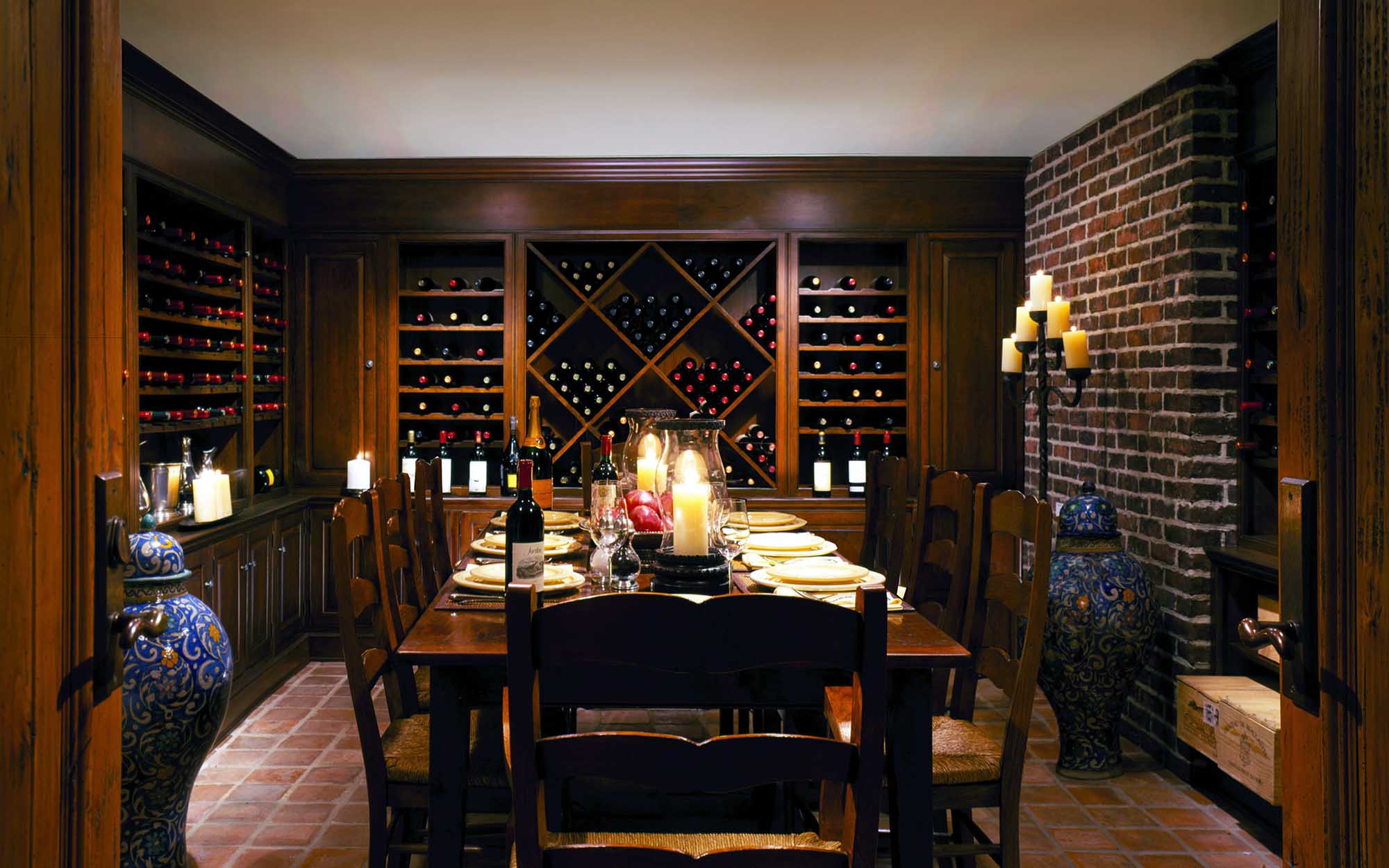 Shingle, Old Westbury, Long Island, wine cellar, terracotta tile floor, brick, dining room, built in wine rack