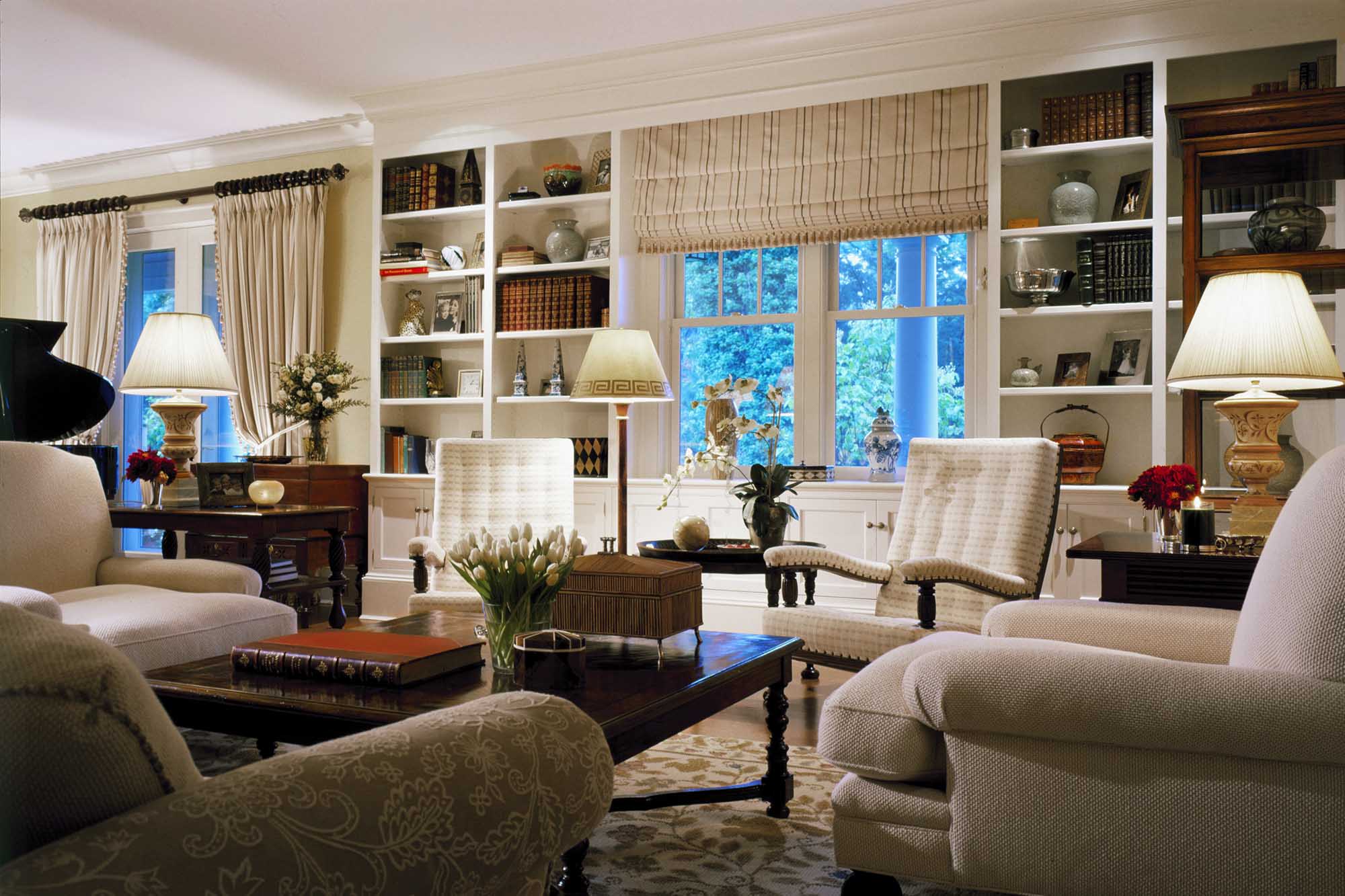 Shingle, Old Westbury, Long Island, living room, built in, library
