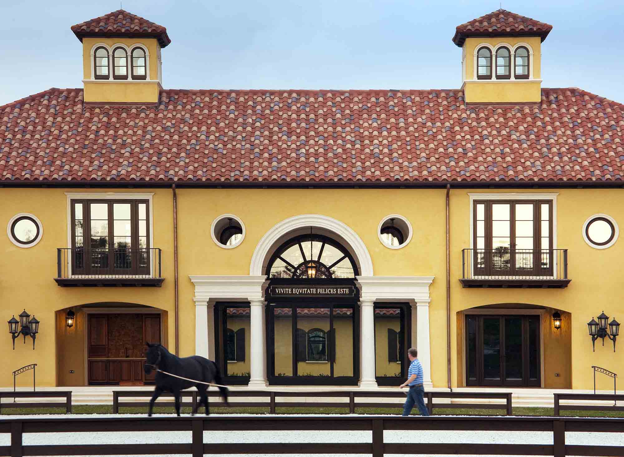 Palladian farm, Wellington, Florida, horse dressage, palladian window, vivite equitate felices este, terracotta tile roof, balcony, loggia