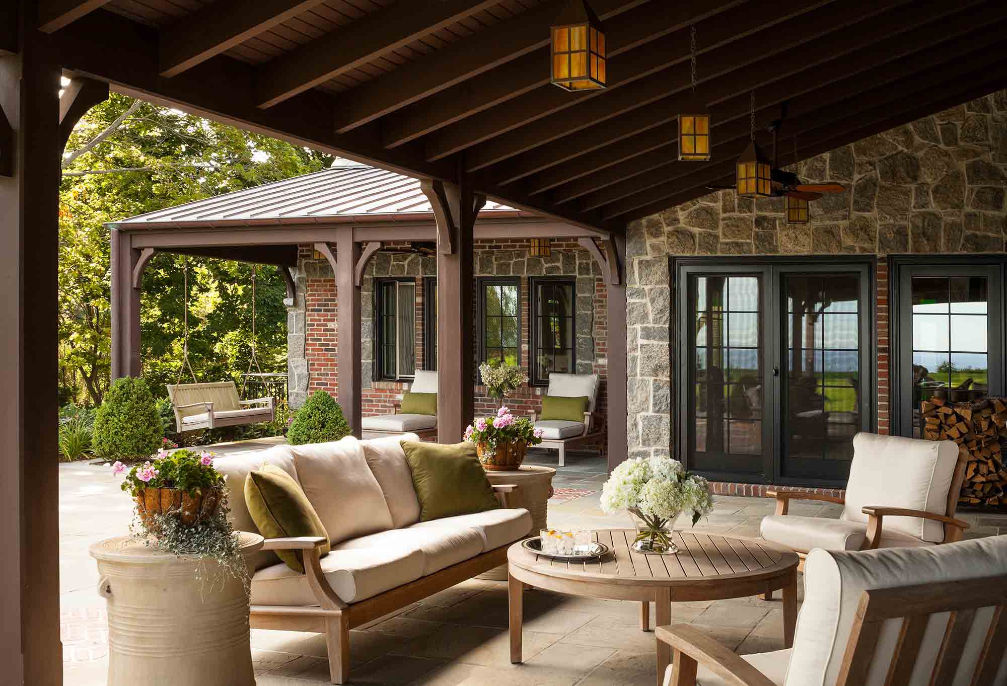 Arts & Crafts style, Nissequogue, Long Island, outdoor patio deck, swing