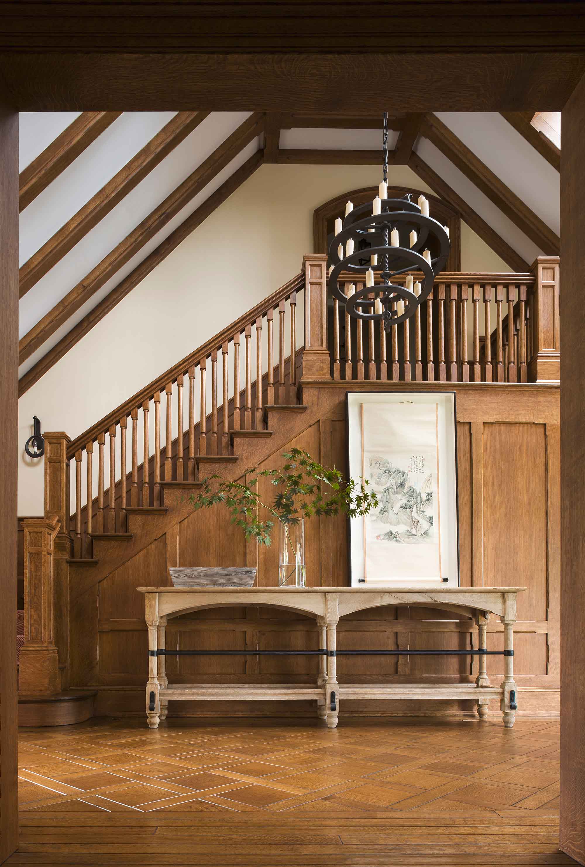 Arts & Crafts style, Nissequogue, Long Island, Stair hall, wood panel