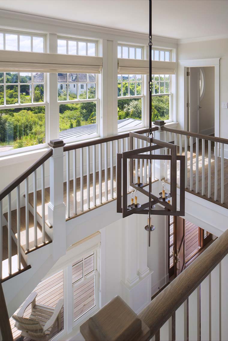 Transitional, traditional, chandelier, white trim, stair hall