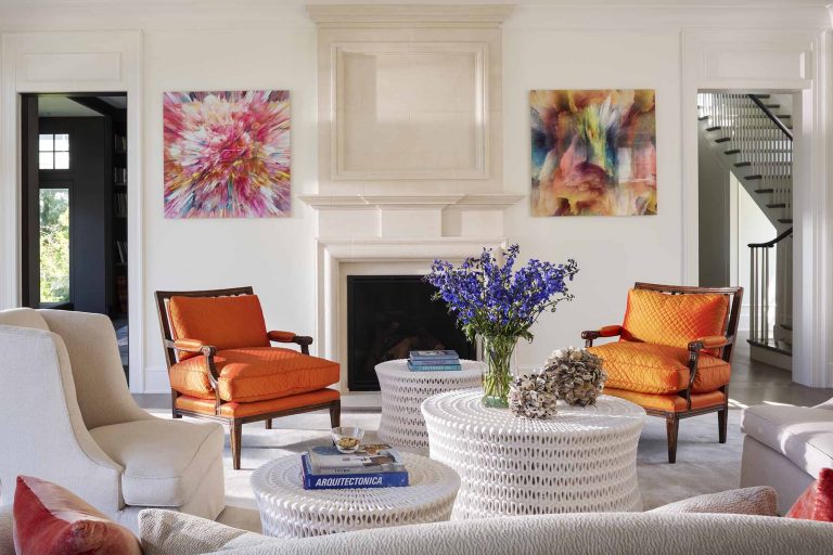 Living room, fireplace, interior design, white and orange, luxury