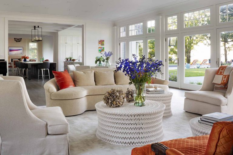 Great room, living room, family room, interior design, white, orange
