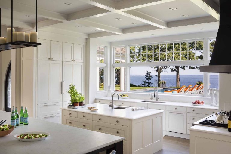 Kitchen, panoramic window, ocean, pool, white shaker style, coffered ceiling