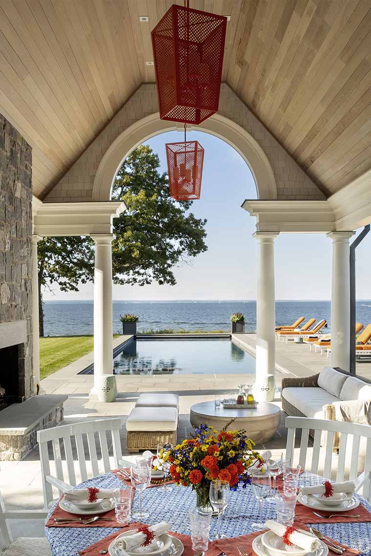 Loggia, pool, fireplace, outdoor living, palladian