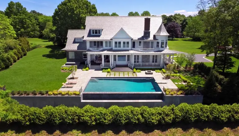 Queen Anne Revival, Victorian, Cold Spring Harbor, long island, infinity pool, slate roof, aerial