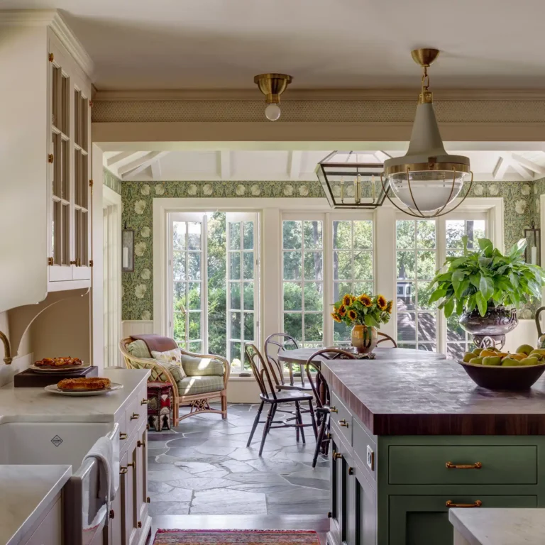 Renovated kitchen with marble countertops, farmhouse sink, green island, and view toward dining nook with garden backdrop