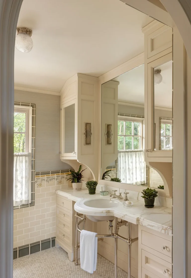 Bathroom vanity with marble sink, chrome fixtures, and custom cabinetry