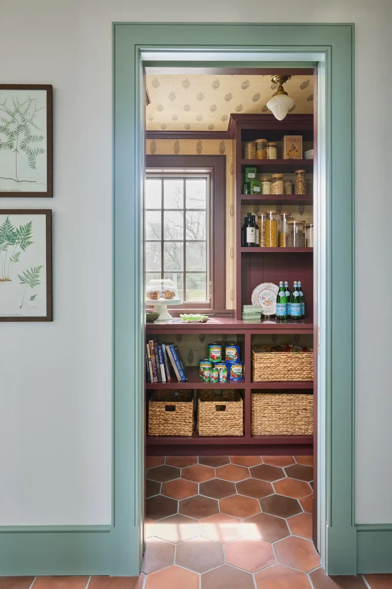Walk-in pantry with green trim, terracotta hex tile floor, open shelves, baskets, and patterned wallpaper