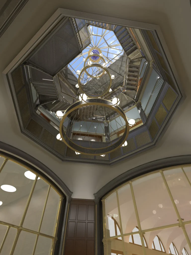 Rendering of a grand atrium with an octagonal glass skylight, circular chandelier, paneled walls, arched openings, and iron railings.