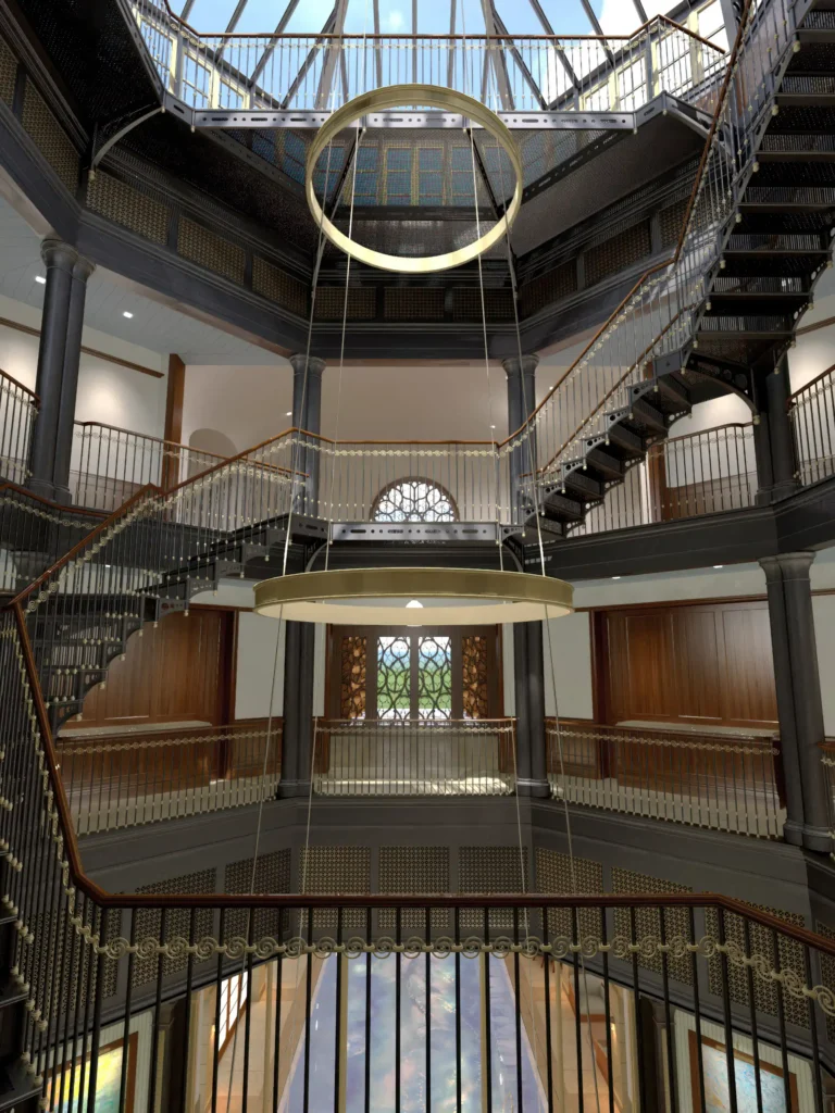 Rendering of a multi-level atrium with an iron spiral stair, glass roof, circular chandelier, balconies, wood paneling, and lower-level circulation.