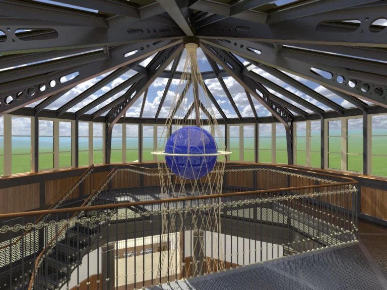 Rendering of a glass-roofed observatory above a residential atrium with iron railings, a large celestial globe, and expansive landscape views.
