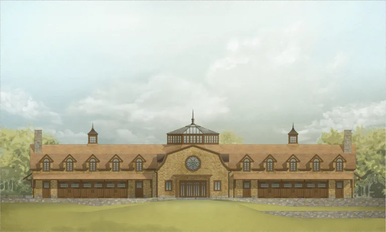 Watercolor architectural rendering of a Shingle-style estate retreat with a long symmetrical facade, red roof, dormers, cupolas, stone base, and central glazed pavilion.